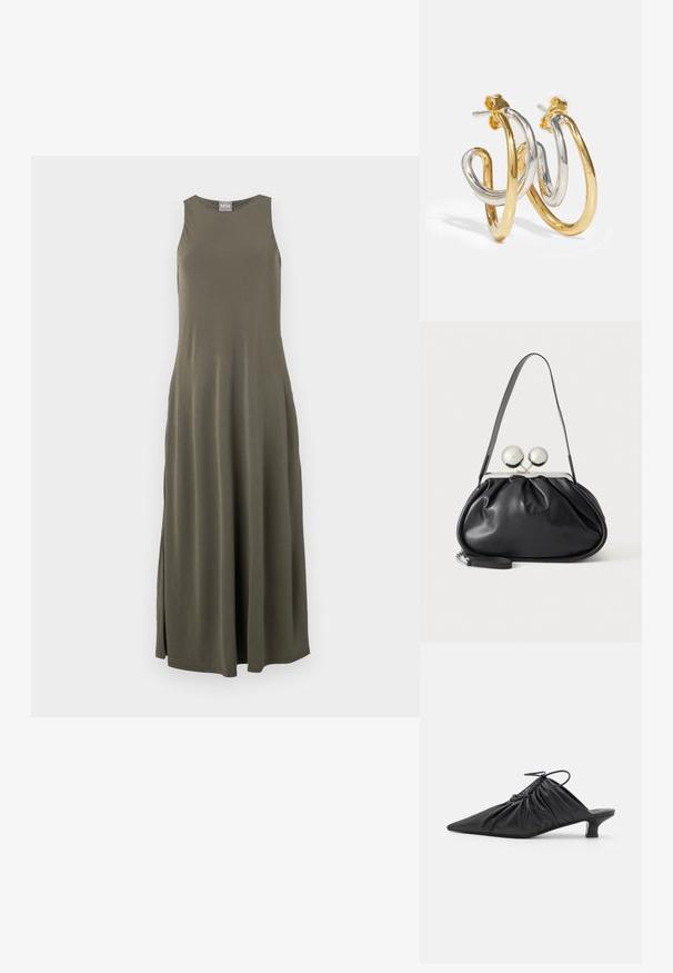 Vestido maxi sin mangas en verde oliva con un corte relajado, aberturas laterales y un brillo sutil. Fabricado con una tela suave y lisa.; Mules negros de cuero sin hebillas con punta afilada, textura recogida y un pequeño tacón de gato. Presentan un detalle de cordón en la abertura.; Bolso de mano de cuero negro con diseño fruncido, una sola correa, marco metálico plateado y dos cierres grandes redondos de plata.; Pendientes de aro entrelazados en oro y plata con acabados suaves y brillantes; cuentan con un cierre de presión para un uso seguro.