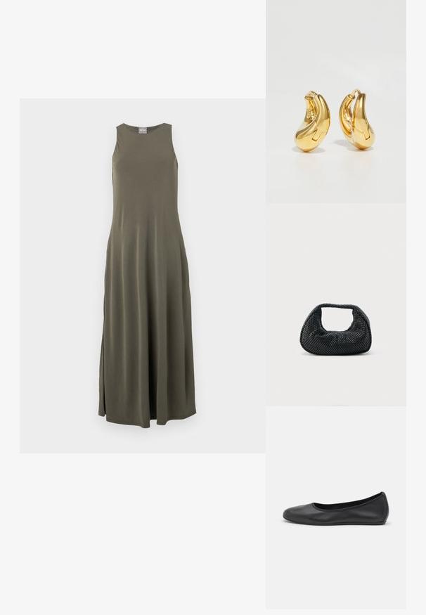 Vestido maxi sin mangas en verde oliva con un corte relajado, aberturas laterales y un brillo sutil. Fabricado con una tela suave y lisa.; Bailarina de piel negra con punta redondeada, textura suave, detalle de costura minimalista y diseño de suela flexible.; Bolso hobo tejido negro con estructura suave y asa integrada, exhibido sobre un fondo liso y claro.; Pendientes de aro de oro con forma curva y suave, y acabado pulido. Presentan un mecanismo de cierre y ligeras indentaciones para un toque de detalle.