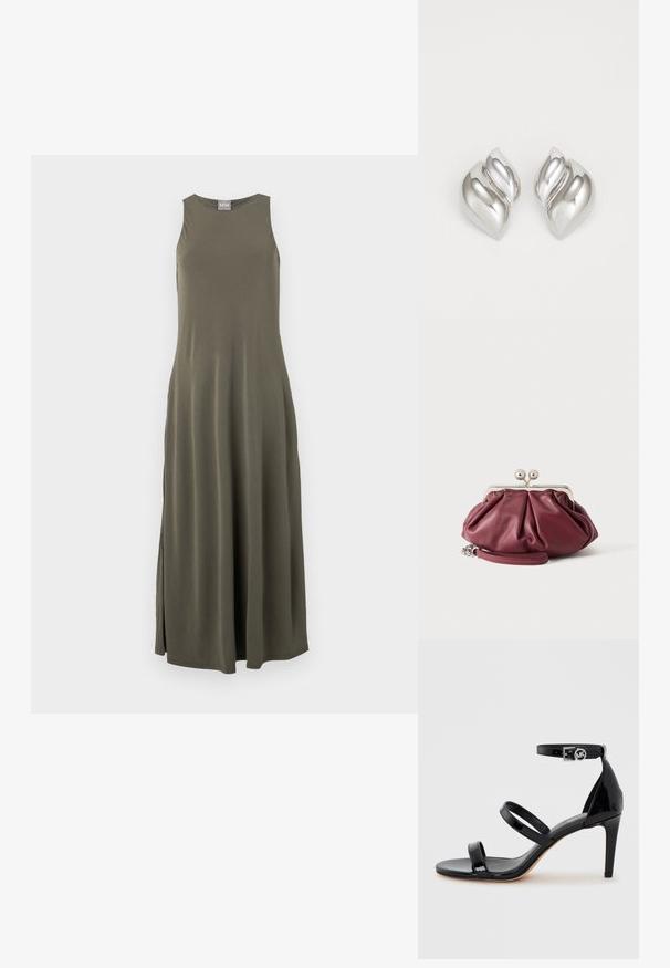Vestido maxi sin mangas en verde oliva con un corte relajado, aberturas laterales y un brillo sutil. Fabricado con una tela suave y lisa.; Sandalia de tacón alto de charol negro con tres tiras finas y una correa en el tobillo con una hebilla redonda.; Pequeño bolso de mano de cuero burdeos con cierre metálico plateado y correa de muñeca sobre fondo blanco.; Pendientes de plata con una forma orgánica y abstracta. Superficie lisa y brillante con un diseño cónico. Presentan suaves curvas y un detalle de línea central.