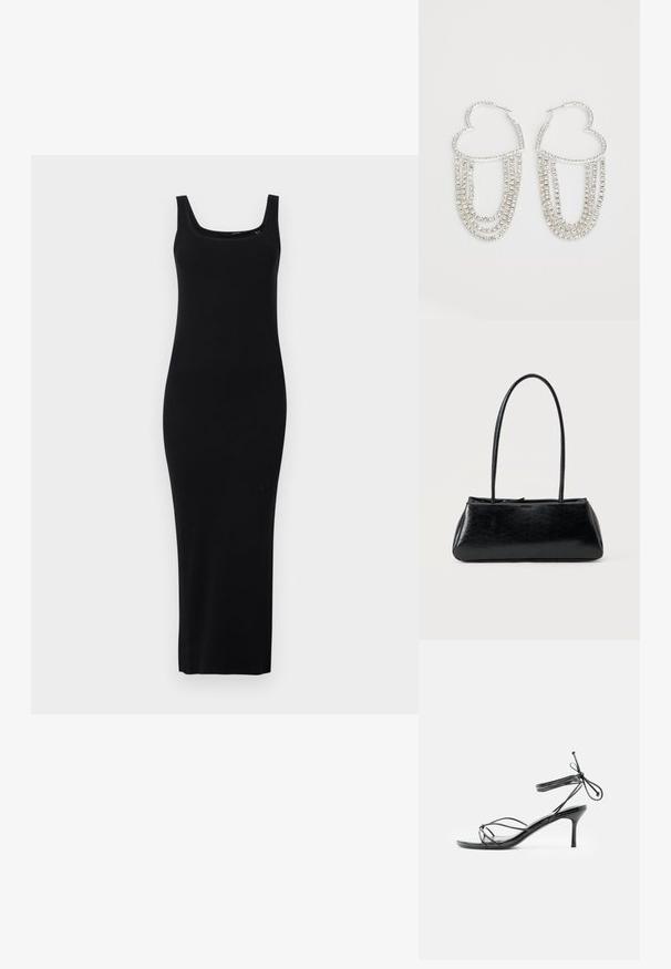Vestido maxi negro ajustado hecho de tela de punto acanalado, con escote cuadrado y tirantes anchos, textura suave al tacto.; Sandalia negra de tacón alto con tiras y lazos delgados en el tobillo, con tacón stiletto de altura media sobre un fondo blanco.; Bolso de hombro rectangular negro con correas largas y delgadas y una textura lisa y brillante sobre un fondo liso.; Pendientes de aro plateados en forma de corazón, con hebras en cascada de strass transparentes que aportan un brillo y textura adicionales.