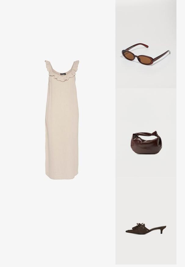 Robe sans manches de couleur beige clair avec un col volanté, faite de tissu texturé, présentant une coupe décontractée et une silhouette droite.; Mule en daim marron avec bout pointu, petit talon kitten, lacets noués en nœud et détails à pompons sur fond blanc.; Lunettes de soleil rondes teinte brun avec une monture bordeaux brillante. Branches fines avec un détail de marque subtil. Design de verres plats.; Sac bandoulière en cuir marron foncé avec une forme souple et décontractée et une anse nouée torsadée sur un fond blanc uni.
