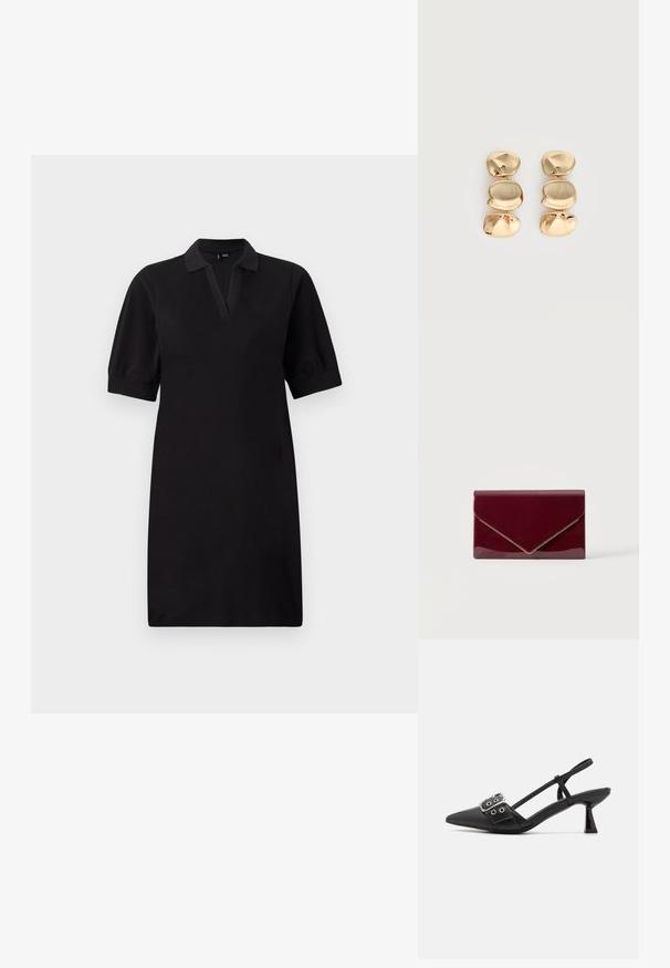 Musta polo-mekko, jossa on lyhyet puff-hihat, syvä V-pääntie ja rento malli. Valmistettu pehmeästä kankaasta, se on yksivärinen ilman kuvioita.; Simmi London DALA - Avokkaat - black; Kiiltävä tummanpunainen kirjekuorimallinen pikkulaukku, jossa kultainen reunus läppäkannen reunassa yksinkertaisella vaalealla taustalla.; Kultaisen sävyiset roikkuvat korvakorut, joissa on kolme epäsäännöllistä, sileää ja pyöristettyä osaa, jotka on pinottu pystysuunnassa yksinkertaiselle vaalealle taustalle.