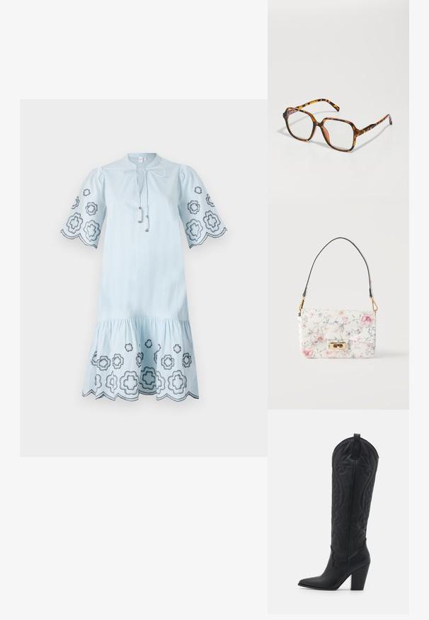 Robe en coton bleu clair avec de courtes manches bouffantes, ornée de broderies florales noires sur les manches et l'ourlet, et dotée d'un décolleté à cordon.; Zign LEATHER - Bottes de cowboy / motard - black; Lunettes écaille de tortue avec une monture carrée, dotées de verres transparents et d'un motif texturé. Les branches ont un design fin et épuré.; Sac à main en cuir blanc avec imprimé floral pastel, fermoir tourniquet doré et courte bandoulière amovible sur fond blanc uni.