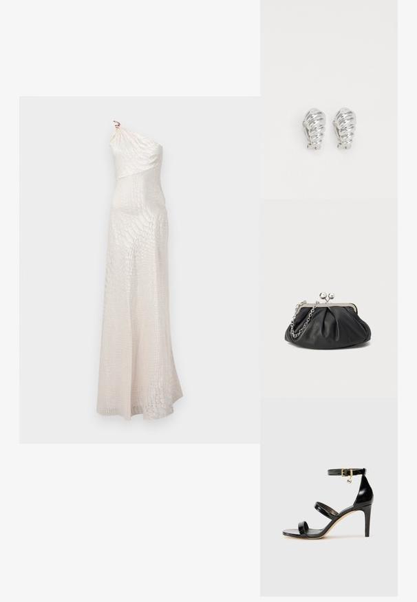 Robe ivoire asymétrique, longue jusqu'au sol, avec un motif texturé subtil et une silhouette ajustée.; Sandale en cuir verni noir avec trois brides, boucle de cheville et talon aiguille de 10 cm. Présente un détail en métal doré et un charm logo.; Porte-monnaie en cuir noir avec texture froncée, cadre en métal argenté, fermeture à verrouillage kiss-lock et bandoulière en chaîne. Surface lisse et douce.; Boucles d'oreilles en clip argentées avec un design en spirale, présentant une texture métallique lisse et des formes arrondies. Pas d'embellissements ou de motifs visibles.
