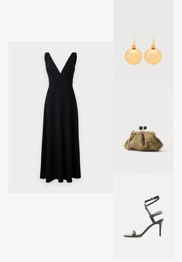 Sile must, sujuva kanga, sügava V-kaeluse, laia rihmaga ja voolava seeliku, mis ulatub põrandani. Lihtne ja elegantne disain.; Mustad kõrgete kontsadega sandaalid, millel on õhuke pahkluu rihm, keskjala rihm, mis on kaunistatud hõbedaste kettlinkidega, ja avatud varbaga disain.; Väike käekott kuldse ja musta geomeetrilise mustriga, kuldse metallraamiga, musta palliga lukk ja lühikese kuldse kettaga sang.; Paari säravaid kuldseid jõulukuulikutest kõrvarõngaid konkskinnitustega tavalise valge taustaga.
