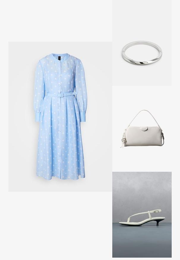 Robe longue à manches longues bleu clair avec des pois blancs, avec un devant à boutons et une taille ceinturée. Présente un col rond et une jupe plissée.; Sandale blanche à talon kitten avec des lanières et un bout pointu, flottant au-dessus d'un sol en carrelage en bois en plein air avec un arrière-plan flou de plante et de mur.; Sac à main rectangulaire blanc Calvin Klein avec une seule poignée, design minimaliste et pampilles décoratives avec un charm métallique géométrique sur le côté.; Bracelet en métal argenté avec une surface lisse et brillante et des bords plats. Présente un design circulaire ouvert avec un détail de fermoir subtil.