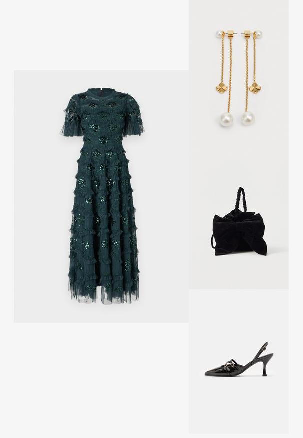 Robe vert foncé à manches courtes, ornée de volants superposés et de décorations florales en sequins. Mi-longue, en tissu doux avec un superposé transparent.; ALOHAS JOELLE ONIX - Escarpins - black; Sac à main en velours noir avec un grand nœud décoratif, un design froncé et une poignée torsadée. Texture douce avec une subtile étincelle sur toute la surface.; Boucles d'oreilles pendantes dorées mettant en valeur des chaînes, des perles rondes et des accents en forme de fleur. Design épuré avec des finitions polies et un aspect délicat.