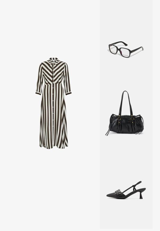 Vestido largo abotonado con bold franjas verticales en marrón y blanco. Diseño con cuello, mangas largas y una silueta fluida.; Simmi London DALA - Tacones - black; Gafas rectangulares negras con lentes transparentes, con bordes redondeados y acentos laterales, con un acabado brillante en el marco y las patillas.; Bolso de mano de cuero negro con forma redondeada, asas dobles, acentos de hardware decorativo y detalles de lazo en los laterales. Textura lisa y brillante.