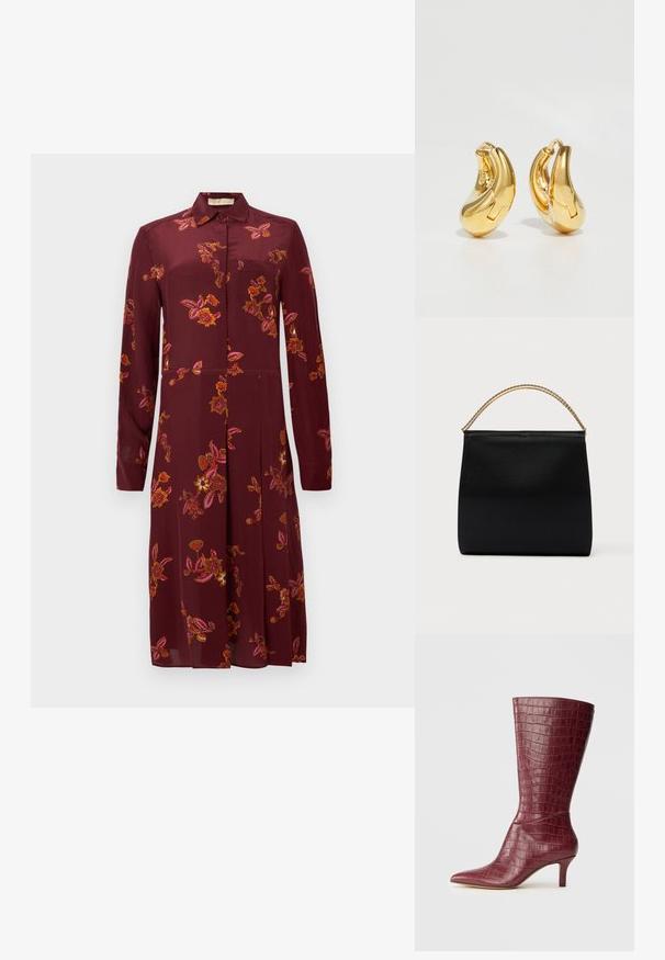 Robe bordeaux à manches longues avec broderie florale en rose et or. Elle présente un col, une fermeture à boutons à l'avant et des détails de jupe plissée.; Botte cheville bourgogne haute avec texture crocodile, embout pointu et petit talon sur fond neutre.; Sac noir en tissu lisse, présentant une forme structurée, une poignée en chaîne dorée et un design géométrique minimaliste.; Boucles d'oreilles en or en forme de d'anneaux lisses et courbés avec une finition polie. Équipées d'un mécanisme de fermeture et de légères indentations pour le détail.