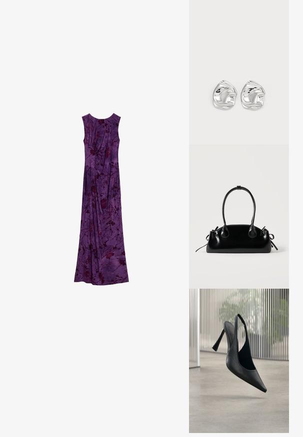 Vestido maxi morado sin mangas con patrones florales oscuros y detalles de tela fruncida, presentado plano sobre un fondo blanco.; Zapato de tacón stiletto con tira trasera de cuero negro y punta puntiaguda, flotando sobre un suelo de hormigón liso y fondo de panel metálico vertical.; Pequeño bolso negro brillante con dos asas largas y detalles de cordón lateral sobre un fondo claro liso.; Pendientes de studs en forma abstracta de plata con un acabado pulido, que presentan curvas suaves y contornos sutiles. Sin patrones o acentos visibles.