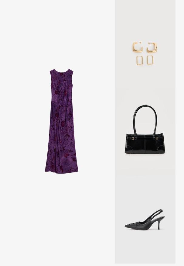 Mouwloze paarse maxijurk met donkere bloemenpatronen en geplooide stofdetails, plat uitgestald op een witte achtergrond.; Zwarte leren slingback stiletto met spitse neus, zijgesp met gesp, studs langs de rand en decoratieve veters aan de voorkant.; Glanzend zwart rechthoekig handtasje met twee dunne schouderbanden en kleine gouden gespsdetails aan de voorkant.; Twee paar gouden geometrische creolen op een effen witte ondergrond, een paar vierkant en massief, een paar rechthoekig en hol.