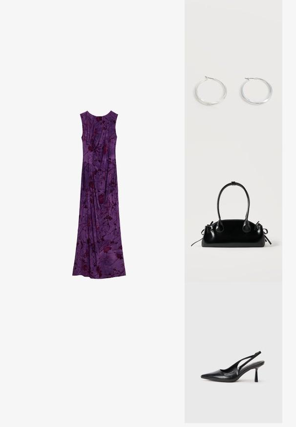 Mouwloze paarse maxijurk met donkere bloemenpatronen en geplooide stofdetails, plat uitgestald op een witte achtergrond.; Zwarte leren slingback hoge hak schoenen met puntige neus en slanke hak op een witte achtergrond.; Kleine zwarte glanzende handtas met twee lange hengsels en zijkant trekkoord details op een effen lichte achtergrond.; Zilverkleurige metalen creolen oorbellen met een glad, licht gebogen oppervlak en sluitingen met haaksluiting op een effen witte achtergrond.
