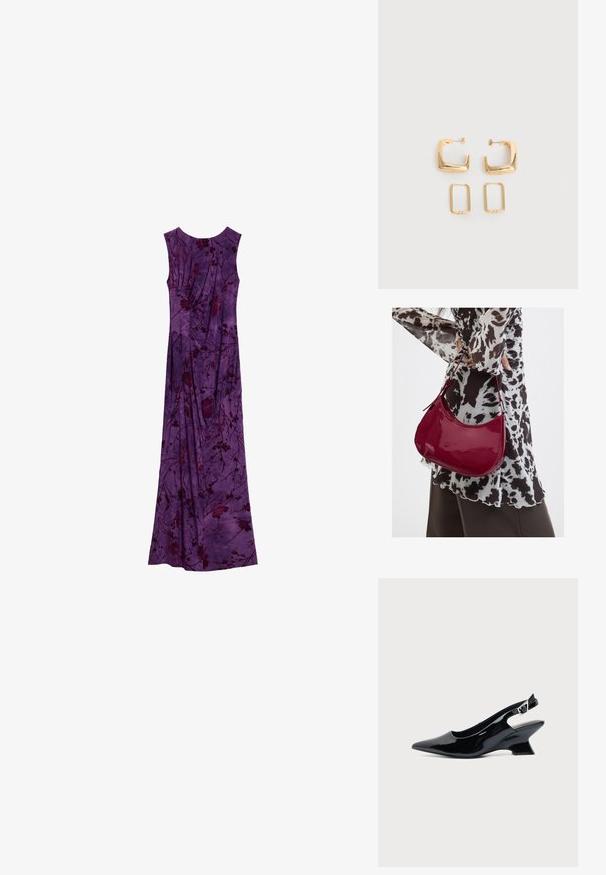 Mouwloze paarse maxijurk met donkere bloemenpatronen en geplooide stofdetails, plat uitgestald op een witte achtergrond.; Zwarte lakleren slingback schoen met spitse neus en lage schuine blokhak op een effen lichte achtergrond.; Vrouw met een zwart-wit gebloemde blouse houdt een glanzende rode schoudertas vast tegen een effen achtergrond.; Twee paar gouden geometrische creolen op een effen witte ondergrond, een paar vierkant en massief, een paar rechthoekig en hol.
