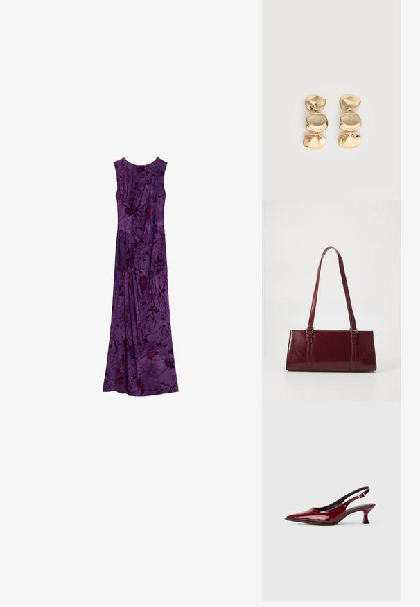 Mouwloze paarse maxijurk met donkere bloemenpatronen en geplooide stofdetails, plat uitgestald op een witte achtergrond.; Bordeaux patent leren slingback hakken met een puntige neus en een slanke stilettostonk. Ontwerp met open achterkant en verstelbare enkelriem.; Bourgondische handtas van glanzend materiaal, rechthoekige vorm, met twee schouderbanden en subtiele gebogen accenten aan de voorkant.; Oorbellen in goudkleur met drie onregelmatige, gladde, afgeronde segmenten die verticaal opgestapeld zijn op een egale lichte achtergrond.