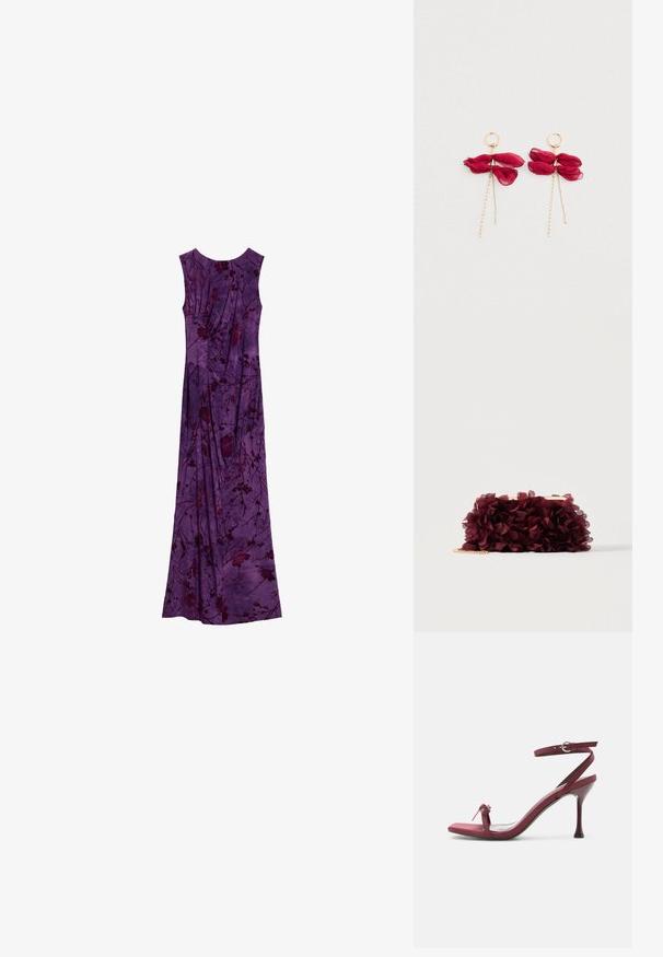 Vestido maxi morado sin mangas con patrones florales oscuros y detalles de tela fruncida, presentado plano sobre un fondo blanco.; Sandalia de tacón alto color burdeos con tiras finas, hebilla en el tobillo y un pequeño lazo en la tira delantera.; Bolso de mano cubierto de pétalos de tela burdeos con un marco metálico dorado y una correa corta de cadena dorada, mostrado sobre un fondo liso.; Pendientes de aro dorado con pétalos de tela roja profunda en capas y dos delicadas cadenas doradas colgando de cada uno.