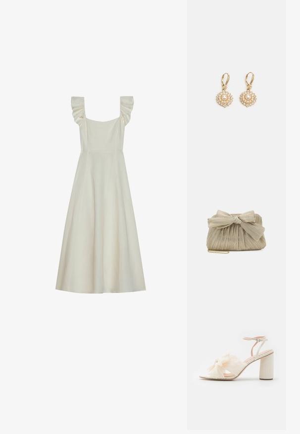 Vestido sin mangas de color crema con escote cuadrado y detalles de volantes en los hombros, que cuenta con un corsé ajustado y una falda acampanada.; Sandalia de tacón alto para mujer en color crema. Cuenta con un detalle de lazo texturizado, puntera abierta y un tacón cuadrado grueso con un diseño acanalado. Tira ajustable en el tobillo.; Loeffler Randall PLEATED FRAME WITH BOW - Clutch - platinum; Marchesa ROUND PEARL DROP - Pendientes - gold-coloured