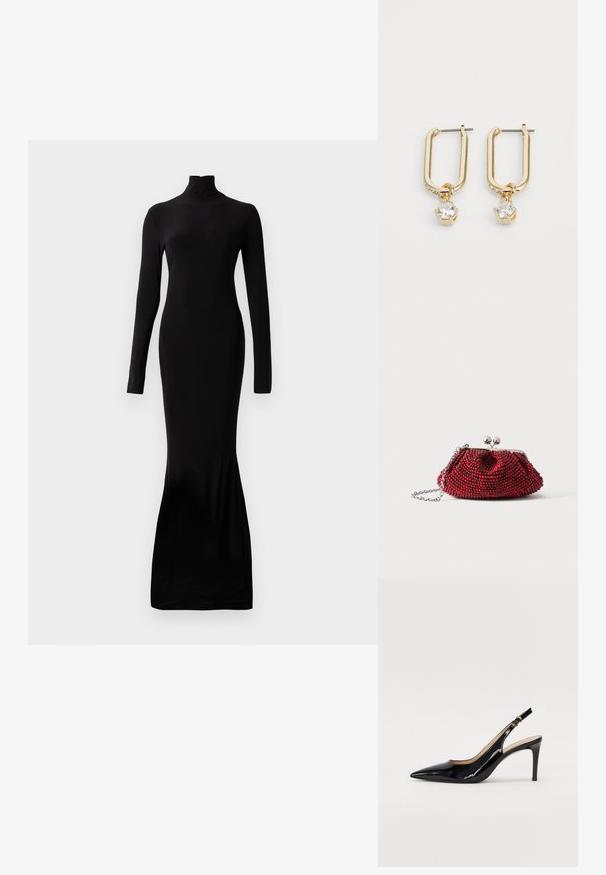 Sorte langærmet kjole med høj halsudskæring. Lavet af glat stof. Tætsiddende design, der sträcker sig til en flagrende kant nederst.; Sort patenteret læder slingback stiletto med spids tå, slank hæl og et subtilt udskæringsdesign. Har en gylden spænde på remmen.; Lille rød perlebesat clutch med sølvspænde og kæderem på en ensartet hvid baggrund.; Guldøreringe med en rektangulær form, der har en rund krystal dråbe og en række små klare sten langs den øverste kant.