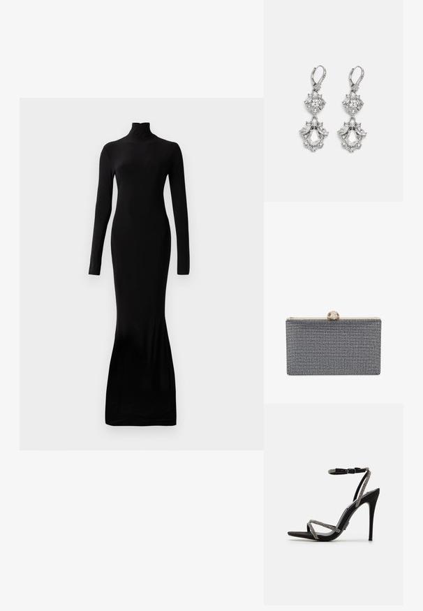 Vestido negro de manga larga con cuello alto. Fabricado con una tela suave. Diseño ajustado que se extiende hasta un dobladillo acampanado en la parte inferior.; Sandalia de tacón alto negra con delgadas tiras adornadas con joyas y un hebilla en el tobillo. Material de ante, punta abierta y una silueta elegante y afilada.; Bolso de mano rectangular negro cubierto de pequeños cristales, con un cierre dorado con detalles decorativos en la parte superior.; Pendientes de tono plateado que presentan múltiples piedras de cristal transparente en formas de lágrima y marquesa, con cierres de palanca y un detallado intrincado.