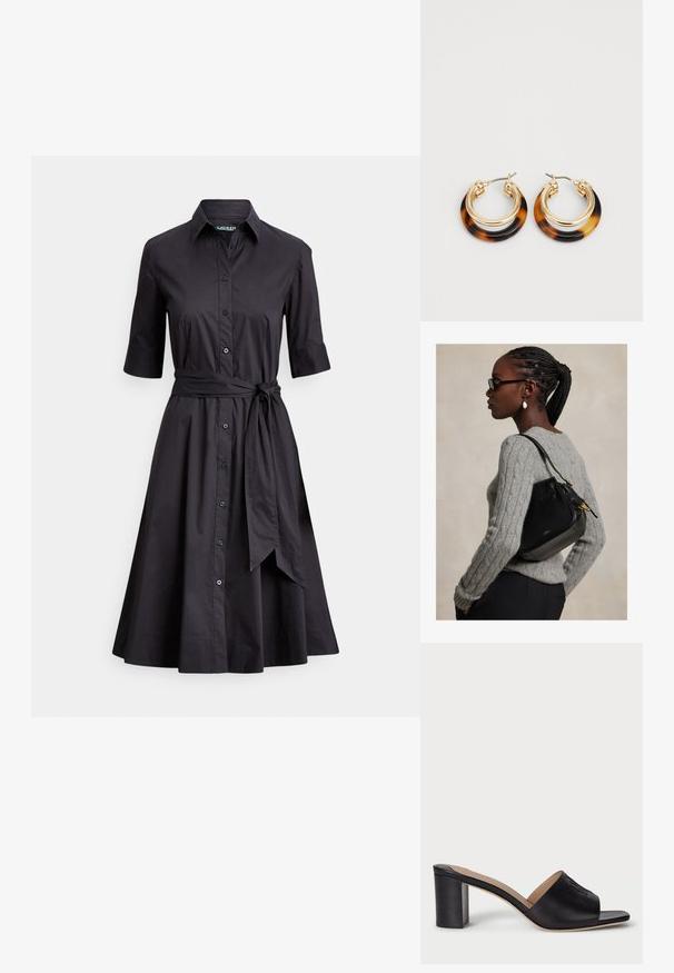 Schwarzes Hemdkleid aus glattem Stoff mit durchgehender Knopfleiste, kurzen Ärmeln, einem gebundenen Taillengürtel und einem ausgestellten Rock.; Schwarze Leder-Sandalen mit blockiertem Absatz, offenem Zeh und geprägtem Logo-Detail. Glatte Oberfläche mit einem strukturierten Design für Stabilität.; Frau mit geflochtenem Haar und Brille, die einen grauen Zopfpullover trägt und eine schwarze Lederschultertasche mit goldenen Beschlägen trägt.; Lauren Ralph Lauren SPLIT HOOP - Ohrringe - gold-coloured/tortoise
