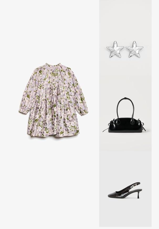 Vestido de bebé de manga larga con escote fruncido y patrón floral en rosa, gris y verde sobre fondo blanco.; Zapato slingback de charol negro con punta afilada, hebilla plateada y tacón bajo tipo kitten sobre un fondo liso y claro.; Pequeño bolso negro brillante con dos asas largas y detalles de cordón lateral sobre un fondo claro liso.; Pendientes en forma de estrella plateada con una superficie pulida y brillante. Cada pendiente presenta cinco puntas y sutiles detalles de textura en la superficie.