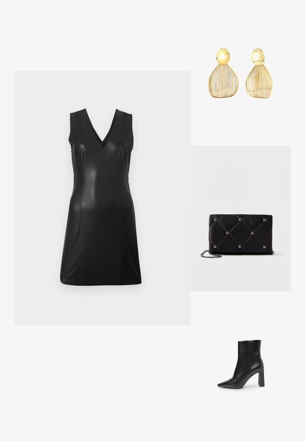 Vestido sin mangas de piel sintética negra con escote en V y costuras ajustadas, de largo hasta la rodilla, sobre un fondo claro y liso.; Botín de media caña de cuero sintético negro con punta puntiaguda, tacón alto y grueso, y textura suave. Diseño minimalista sin adornos visibles.; Clutch de satén negro acolchado con tachuelas piramidales plateadas, correa de cadena, forma rectangular y textura suave. Dimensiones de 10 cm x 18 cm x 4 cm.; Pendientes de alambre dorado con una forma estructurada en lágrima, con una parte superior redondeada y líneas verticales que crean un patrón texturizado.