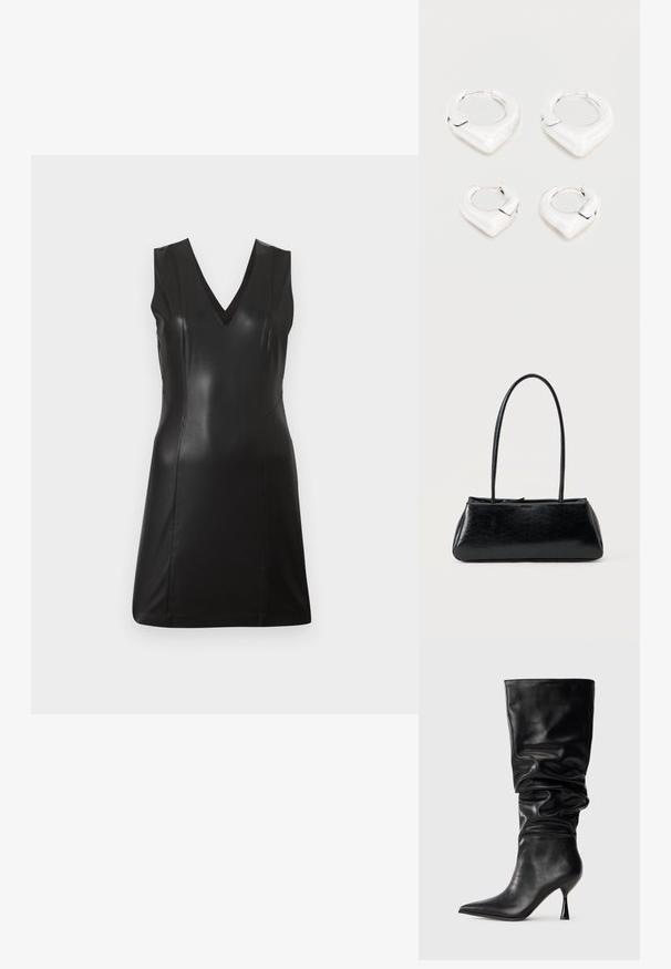 Robe noire sans manches en simili cuir avec décolleté en V et coutures ajustées, longueur genoux, sur un fond clair uni.; Botte noire en cuir, hauteur genou, avec un design ample, bout pointu et talon aiguille fin, présentant une texture lisse et des accents minimaux.; Sac à épaule rectangulaire noir avec de longues bretelles fines et une texture lisse et brillante sur un fond uni.; Deux paires de boucles d'oreilles créoles argentées brillantes avec un design distinctif en forme de V pointu, présentées sur un fond blanc.