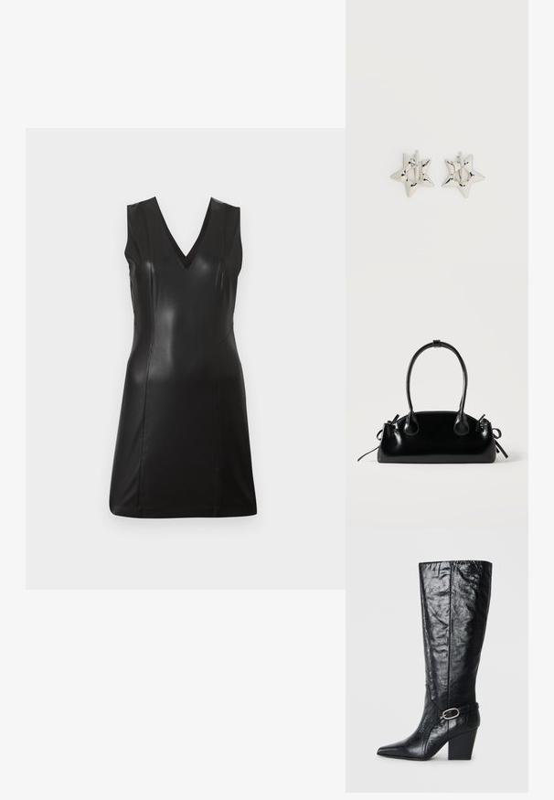 Robe noire sans manches en simili cuir avec décolleté en V et coutures ajustées, longueur genoux, sur un fond clair uni.; Bottes noires montantes en cuir brillant, avec un bout pointu, une forme structurée, et une sangle décorative avec une boucle en argent.; Petit sac à main noir brillant avec deux longues anses et des détails à cordon sur les côtés sur un fond clair uni.; Boucles d’oreilles créoles en forme d’étoile argentée avec une finition lisse et polie sur un fond blanc uni.