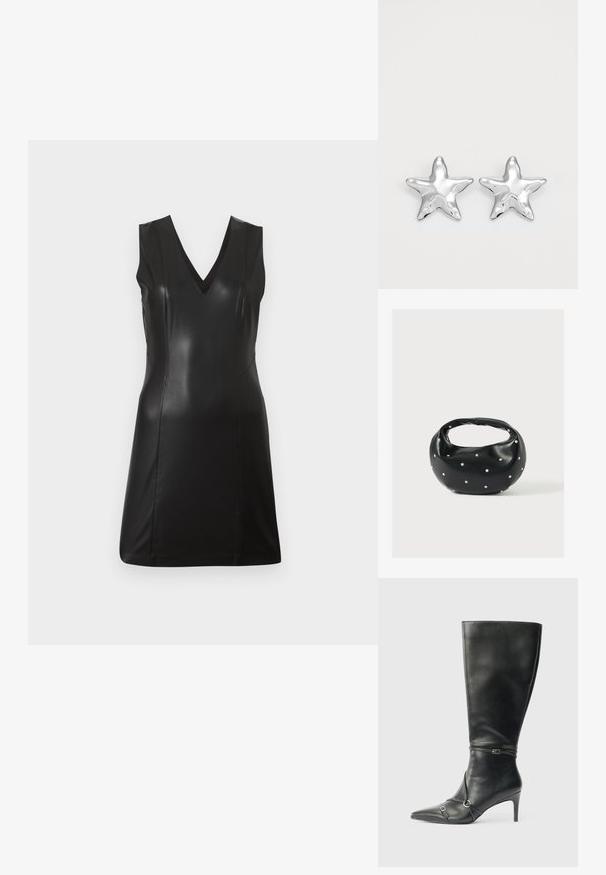 Robe noire sans manches en simili cuir avec décolleté en V et coutures ajustées, longueur genoux, sur un fond clair uni.; Bottes noires en cuir montant jusqu'au genou, avec un talon fin, un bout pointu et des détails de lanière à la cheville. Texture lisse et design ajusté.; Sac à main en cuir noir de forme arrondie, décoré de clous argentés et équipé d'une poignée courte. Texture lisse et fermeture éclair.; Boucles d'oreilles argentées en forme d'étoile, avec une surface lisse et brillante. Chaque boucle d'oreille possède cinq pointes et des détails subtils de texture de surface.