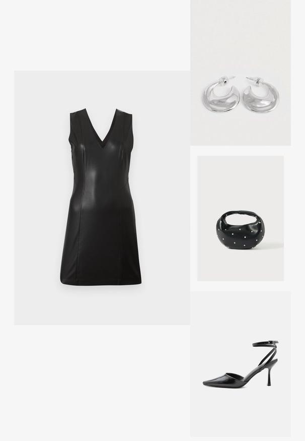 Robe noire sans manches en simili cuir avec décolleté en V et coutures ajustées, longueur genoux, sur un fond clair uni.; Escarpin noir à bout pointu avec fines brides de cheville et fermeture à boucle argentée sur fond clair uni.; Sac à main en cuir noir de forme arrondie, décoré de clous argentés et équipé d'une poignée courte. Texture lisse et fermeture éclair.; Une paire de boucles d'oreilles en croissant argenté poli avec des supports en plastique transparent sur une surface blanche.