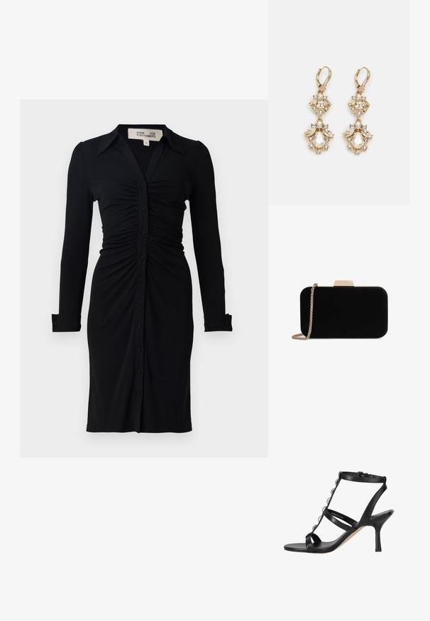Sort langærmet kjole med krave, rynket bodice og knaplukning fortil, lavet af blødt stof med strukturerede ærmer og manchetter.; Sort læder høje hæle sandal med ankelrem, T-rem prydet med små sølv ringe og en tynd stilethæl.; Sort velour clutch med guldfarvede detaljer, rektangulær form og kædestrop, der har en glat tekstur og ingen synlige mønstre.; Guldtonede chandelierøreringe med en klynge-design, der har runde og tårnformede klare krystaller, der fremhæver detaljerne.
