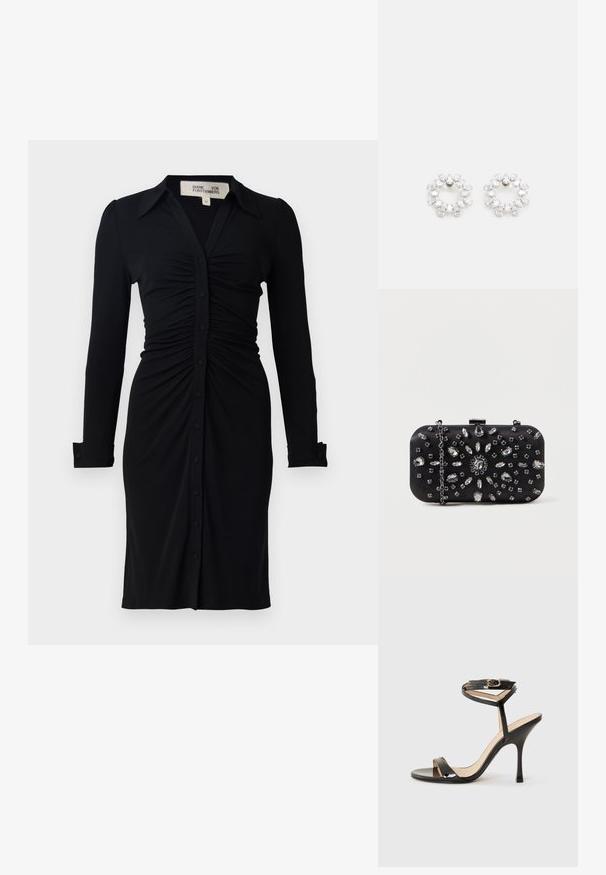 Vestido negro de manga larga con cuello de solapa, cuerpo fruncido y cierre de botones, hecho de una tela suave con mangas y puños estructurados.; Sandalia de tacón alto de charol negro con tira delgada en el tobillo y hebilla, punta abierta y tacón aguja esbelto sobre fondo blanco.; Clutch negro de forma rectangular, decorado con varios strass en un patrón floral, con una cadena plateada para llevar.; Pendientes circulares de metal, con múltiples piedras transparentes y facetadas dispuestas en un patrón brillante. Incoloras y reflectantes.