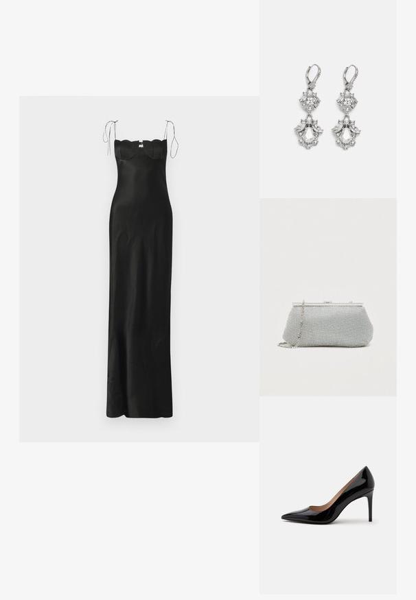 Sort satin maxi kjole med en tætsiddende silhuet, bølgende detaljer ved udskæringen og justerbare skulderstropper. Glat tekstur.; Sort laklæder pumps med høje hæle, spids snude og stilethæl, vist i sideprofil på en ensfarvet hvid baggrund.; Sølv mesh clutch taske med en afrundet form, metalramme og aftagelig kæde. Har funklende detaljer med en glat overflade.; Sølvfarvede øreringe med flere klare krystalgemstones i dråbe- og marquiseformer, med låse med bøjlestik og detaljeret udsmykning.