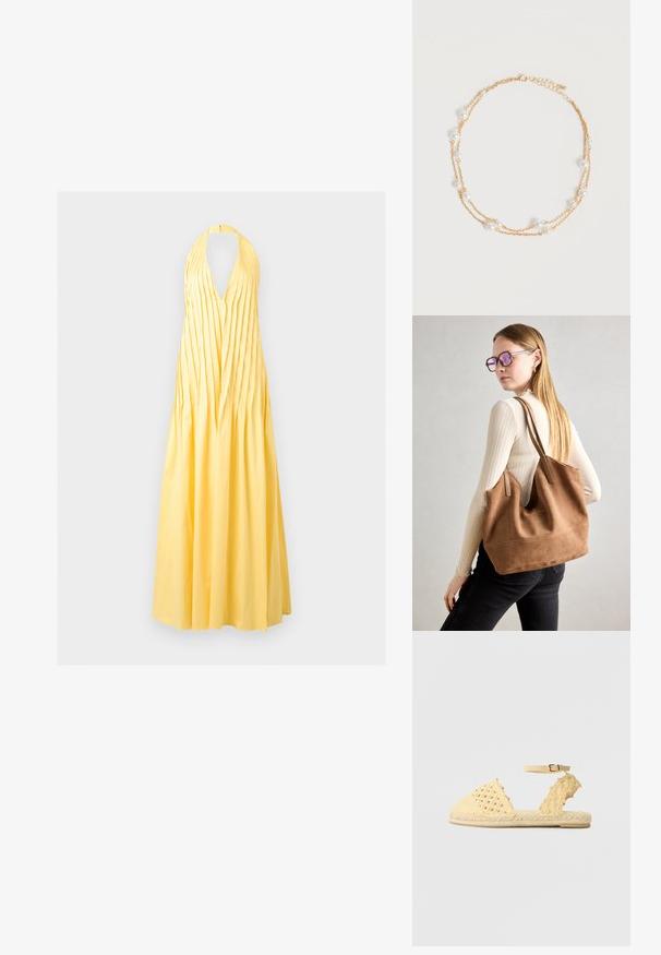 Κίτρινο μάξι φόρεμα με halter neck, βαθύ V-ντεκολτέ και κάθετες πιέτες στο μπούστο, που καταλήγει σε υφασμάτινη, μακριά φούστα.; Κίτρινη πλεκτή σαγιονάρα με κλειστή μύτη, ρυθμιζόμενο λουράκι στον αστράγαλο και ανάγλυφη σόλα από τζάute, με κομψά σχέδια κοπής στις πλευρές.; Καστανή σουέτ τσάντα ώμου με μαλακή υφή, μεγάλη άνοιγμα και μακριά λουριά. Διαθέτει απλό σχέδιο με ορατά ραψίματα και χωρίς μεταλλικά στοιχεία.; Λεπτό διπλό χρυσό κολιέ με ομοιόμορφα κατανεμητές μικρές λευκές πέρλες σε απλό ανοιχτό φόντο.