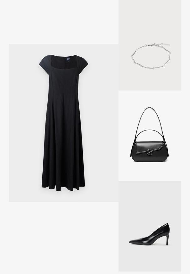 Robe noire sans manches avec un corsage ajusté, une jupe évasée et un décolleté carré. Le tissu semble lisse avec une fermeture éclair à l'arrière.; Chaussure à talon haut en cuir noir avec un bout pointu, texture lisse et un talon effilé. Design minimaliste, sans embellissements supplémentaires.; Sac à bandoulière en cuir noir avec un rabat incurvé fermé par un fermoir métallique rond et une sangle fine et ajustable.; Bracelet ton argent avec des maillons allongés incurvés, fermoir mousqueton et une petite étiquette rectangulaire attachée à la chaîne réglable.