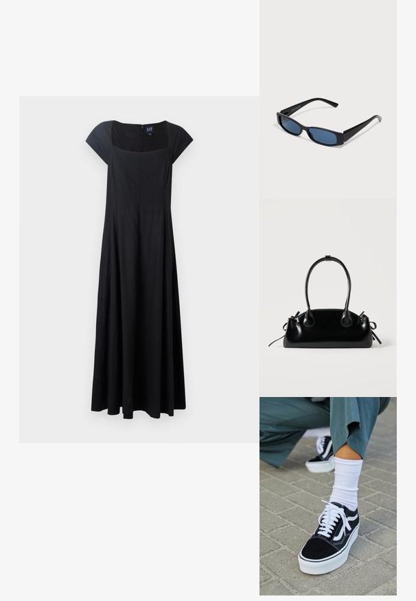 Robe noire sans manches avec un corsage ajusté, une jupe évasée et un décolleté carré. Le tissu semble lisse avec une fermeture éclair à l'arrière.; Baskets en suède noir avec des accents et des lacets blancs, présentant une épaisse semelle blanche et des coutures contrastantes, associées à une chaussette blanche.; Lunettes de soleil noires avec une monture rectangulaire élégante et des verres bleus. Présente une texture lisse et des branches robustes. Logo de la marque sur le côté.; Petit sac à main noir brillant avec deux longues anses et des détails à cordon sur les côtés sur un fond clair uni.