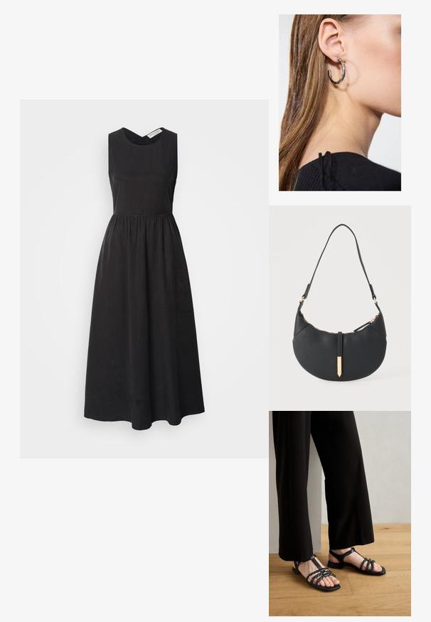 Vestido negro sin mangas con escote redondo, cuerpo ajustado y falda fluida. Hecho de tela suave, presenta una cintura fruncida.; Gabor Comfort Sandalias - schwarz/gold; Bolso negro en forma de media luna con una sola correa, cremallera dorada y una lengüeta decorativa rectangular dorada en la parte delantera.; Pendiente de aro de plata con un acabado pulido, que presenta pequeños detalles en dorado y una forma redonda, llevado en el lóbulo.