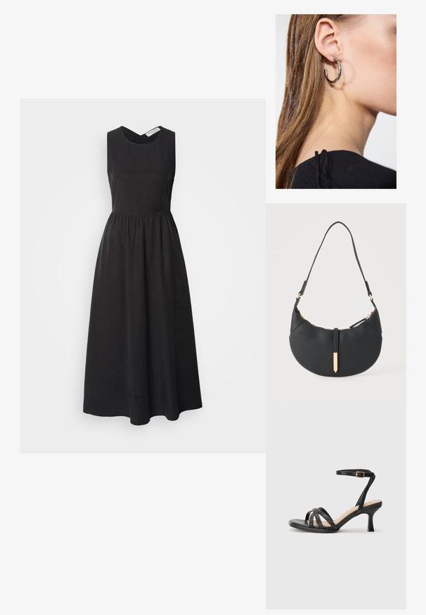 Schwarzes ärmelloses Kleid mit rundem Ausschnitt, tailliertem Oberteil und fließendem Rock. Aus glattem Stoff gefertigt, mit geraffter Taille.; Schwarze Absatzsandalen mit mehreren dünnen Riemen über den Zehen, einem einzelnen Knöchelriemen mit goldener Schnalle und einer quadratischen Zehenform.; Schwarze halbmondförmige Handtasche mit einem einzelnen Träger, goldenem Reißverschluss und einer goldenen rechteckigen dekorativen Lasche vorne.; Silberne Creolen mit polierter Oberfläche, die kleine goldene Akzentdetails und eine runde Form aufweisen, am Ohrläppchen getragen.