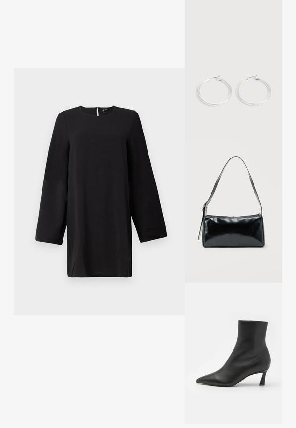Mustemate õlgadega seljataga võtmega must tunika, millel on ümmargune kaelus ja sirge lõige. Tekstuuriga kangas lisab visuaalset huvi.; Steve Madden LULAH - Poolsaapad - black; Must ristkülikukujuline õlakott ühe reguleeritava rihmaga ja ülemise tõmblukuga, ühtlase taustaga.; Paari läikiva hõbedase rõngaskujulise kõrvarõngastega, millel on õhukesed traatlukkud, kuvatud heleda halli taustal.