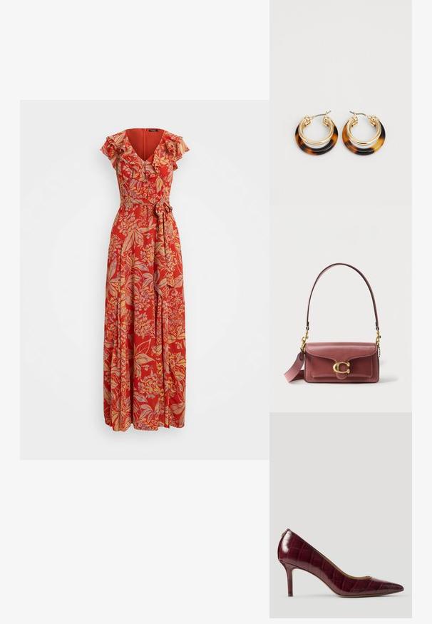 Rotes Blumen-Maxikleid mit V-Ausschnitt, Rüschensäumen und tailliertem Gürtel. Hergestellt aus leichtem Stoff mit fließendem Design.; Burgunderroter Lacklederschuh mit Krokodillederstruktur, spitzem Zehenbereich und schlankem Stiletto-Absatz. Die Außenseite hat eine glatte Oberfläche.; Lederhandtasche in tiefem Rosaton mit Klappverschluss, auffälligen goldfarbenen Beschlägen und kontrastierender Naht. Kurzer Griff inklusive.; Lauren Ralph Lauren SPLIT HOOP - Ohrringe - gold-coloured/tortoise