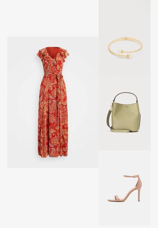 Rotes Blumen-Maxikleid mit V-Ausschnitt, Rüschensäumen und tailliertem Gürtel. Hergestellt aus leichtem Stoff mit fließendem Design.; Madden Girl BRAZEN - Riemensandalette - dark nude; Olivgrüne Leder-Bucket-Bag mit kurzem Griff und abnehmbarem Schulterriemen, mit kleinem goldenen "RL"-Logo vorne.; Offener Armreif in Goldoptik mit zwei weißen Perlen, jeweils akzentuiert durch kleine dekorative Bänder, auf weißem Hintergrund.