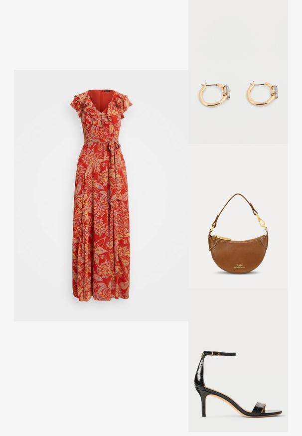 Vestido maxi rojo con flores, que presenta un escote en V, mangas con volantes y una cintura ceñida con cinturón. Fabricado en una tela ligera con un diseño fluido.; Sandal de tacón alto de charol negro con tira en el tobillo, punta afilada y patrón en relieve de cocodrilo. Detalle en dorado en la hebilla.; Pequeños pendientes de aro de oro con una única piedra preciosa rectangular y transparente colocada cerca del cierre en cada pendiente.; Bolso de mano marrón de cuero en forma de media luna con cremallera dorada, correa desmontable y logo "Polo by Ralph Lauren" en letras doradas en el frente.