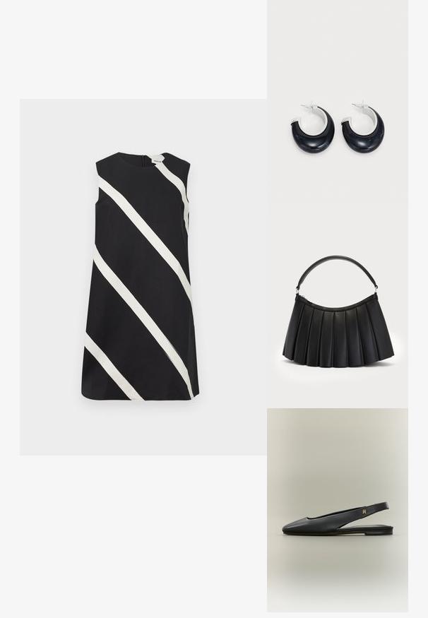 Sort ærmeløs kjole med brede hvide diagonale striber og en rund halsudskæring.; Sort læder slingback flad sko med spids tå og guldt logo accent på remmen, vist på en neutral baggrund.; Sort plisseret håndtaske lavet af syntetisk læder, med et buet håndtag og lynlåslukning i toppen. Glat tekstur med struktureret design.; Sorte harpiks hoops øreringe med en skinnende overflade og silvertone hardware detaljer. Cirkulær form med en udskæring og stift-bagside lukning.