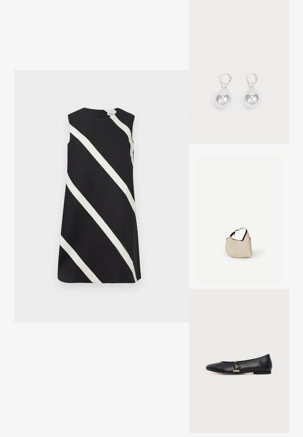 Robe noire sans manches avec de larges rayures blanches diagonales et un col rond.; Chaussure plate en cuir noir avec bout arrondi et petit détail de boucle dorée sur le côté, présentée sur un fond clair uni.; Sac à main en cuir beige en forme de croissant avec une seule bandoulière et des coutures minimalistes, posé sur un fond blanc uni.; Boucles d'oreilles en argent en forme de goutte avec des surfaces lisses, rondes et réfléchissantes, suspendues à des fermoirs à ressort. L'arrière-plan est blanc uni.