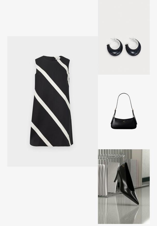 Robe noire sans manches avec de larges rayures blanches diagonales et un col rond.; Chaussure noire à talon haut avec bout pointu et logo doré, posée sur une surface réfléchissante près d'un organiseur de dossiers en fil chromé contenant des documents.; Mini sac à bandoulière en cuir noir avec une fine bandoulière et un petit logo CK doré au centre avant.; Boucles d'oreilles en résine noire avec une finition brillante et des accents en métal argenté. Forme circulaire avec une découpe et une fermeture à tige.