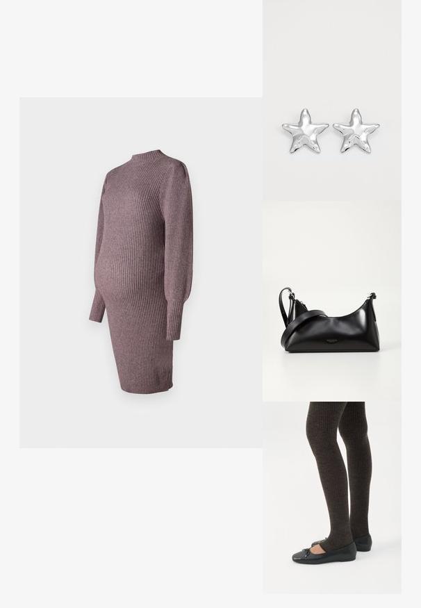 Strikket graviditetskjole i støvet rosa, med ribbet tekstur, høj halsudskæring og lange ærmer, designet til at passe over en voksende mave.; Ben iført mørke ribbede leggings kombineret med sorte balletsko med små sløjfedetaljer på hvid baggrund.; Sort læderhåndtaske med en glat tekstur. Har en justerbar stropp og et enkelt, minimalistisk design med lynlås.; Sølvstjernede øreringe med en poleret, blank overflade. Hver ørering har fem spidser og subtile teksturdetaljer på overfladen.