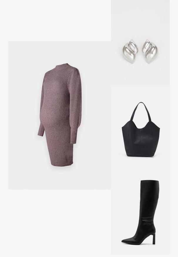 Strickmama-Kleid in staubigem Rosé, mit gerippter Textur, hohem Ausschnitt und langen Ärmeln, entworfen, um über einen wachsenden Bauch zu passen.; Even&Odd Stiefel - black; Schwarze Tote-Bag aus glattem Leder, mit einem abgerundeten, offenen Oberteil, zwei Schulterträgern und einem minimalistischen Design.; Silberne Ohrringe mit einer organischen, abstrakten Form. Glatte, glänzende Oberfläche mit einem konischen Design. Mit dezenten Kurven und einem zentralen Linienelement.