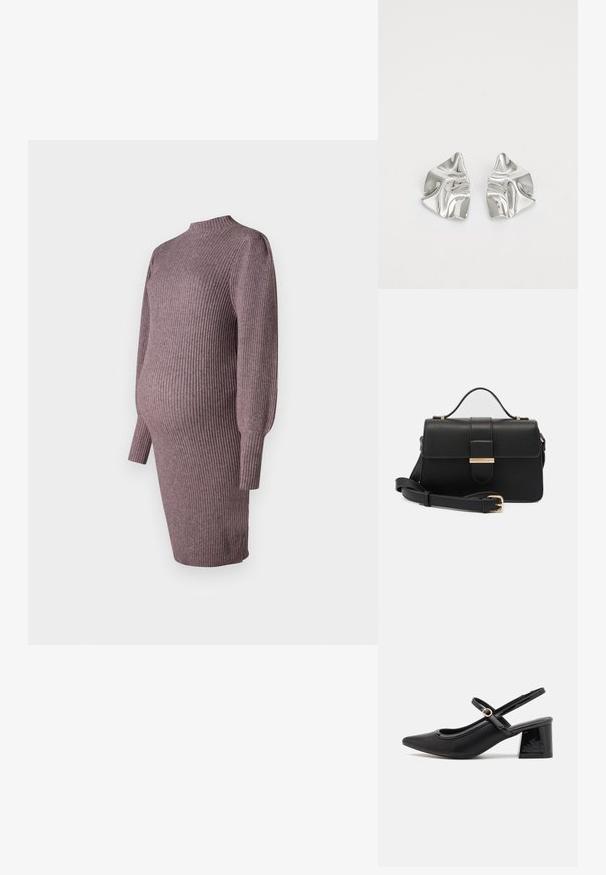Strikket graviditetskjole i støvet rosa, med ribbet tekstur, høj halsudskæring og lange ærmer, designet til at passe over en voksende mave.; Sorte patentlæder slingback hæle med spids tå, rund udskæring og blokhæl. Har en guldtonet spændeaccents.; Sort læderhåndtaske med gyldne metalaccenter, rektangulær form, flaplukning, justerbar skulderrem, glat tekstur, minimalistisk design.; Sølvmetal øreringe med et bølgende, skulpturelt design, der har en poleret overflade og uregelmæssige former, hvilket fremhæver en moderne æstetik.