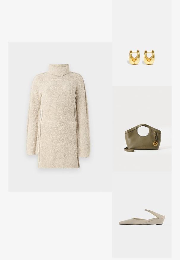 Beige fluffy tunika med høj hals og lange ærmer. Har en tekstureret overflade og sideslids for nem bevægelse.; Beige lav kilehæl slingback sko med spids tå og glat mat finish, vist i sideprofil på hvid baggrund.; Olivengrøn læderhåndtaske med rund udskåret hank, gyldent MK-logo vedhæng og aftagelig skulderrem på hvid baggrund.; Guld hoops øreringe med et slankt, afrundet design. Har en hul midte og en blank overflade, der komplementerer moderne stilarter.