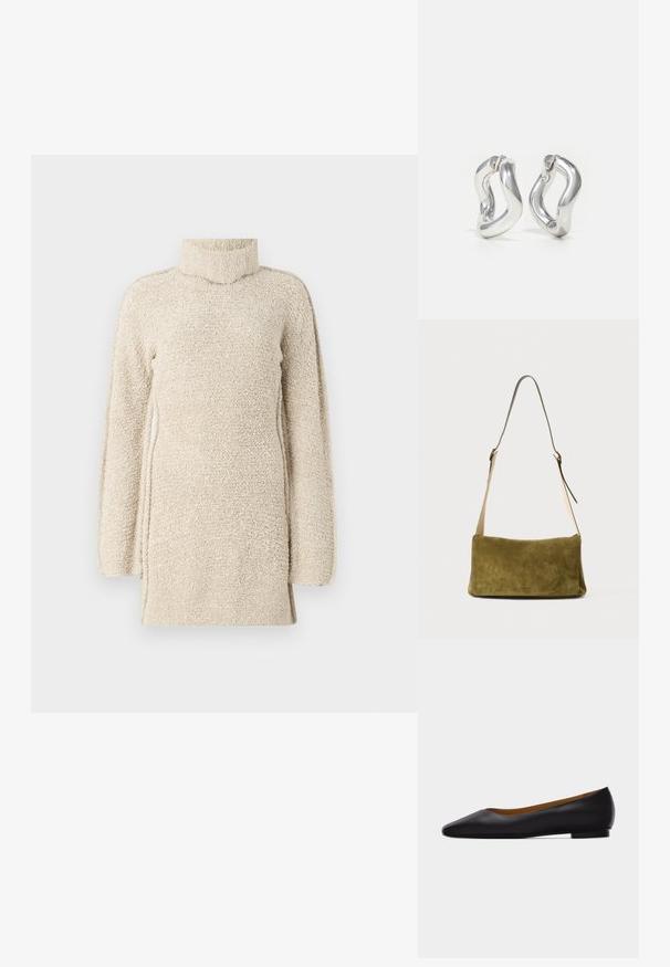 Beige fluffy tunika med høj hals og lange ærmer. Har en tekstureret overflade og sideslids for nem bevægelse.; Sort læder flad sko med spids tå, lav hæl og glat finish, vist fra siden på en lysegrå baggrund.; Olivengrøn ruskinds skuldertaske med en glat, rektangulær form. Har en lang, justerbar læderrem og minimalt hardware.; Sølv øreringe i hoop-design med snoet mønster. Runde kanter og blank finish. Åbne lukninger for nem brug. Glat tekstur over det hele.