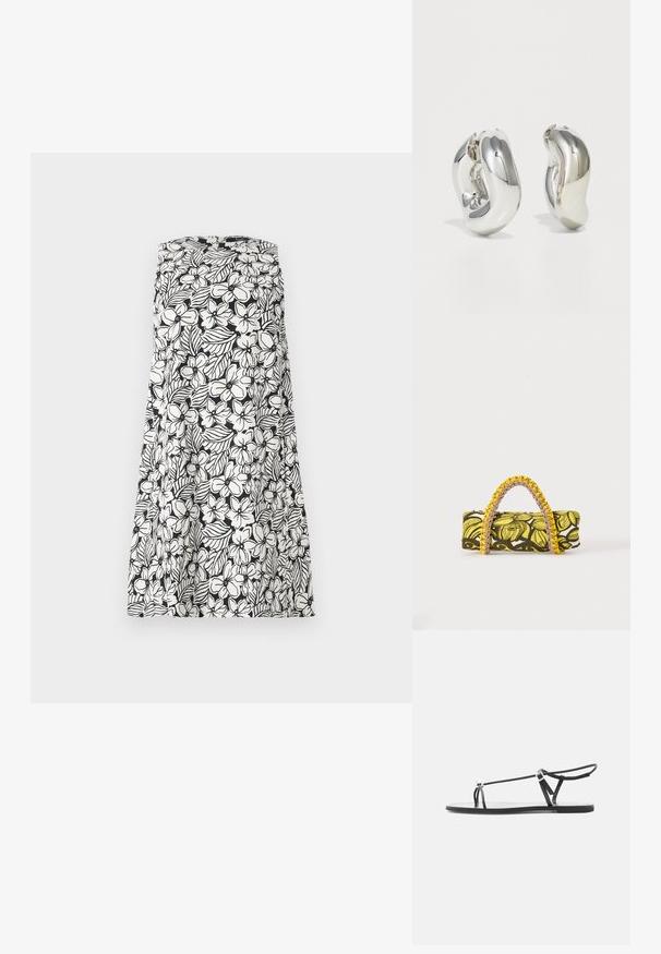 Robe noire et blanche sans manches avec un motif floral et feuillage, design sans bretelles et silhouette en ligne A.; Sandale plate noire avec fines lanières, une boucle pour les orteils et une boucle de cheville ajustable sur un fond gris clair.; Sac rectangulaire avec motif floral jaune et noir et anse tressée jaune et rose sur fond blanc.; Boucles d'oreilles sculpturales en argent avec des formes douces et courbes et des surfaces réfléchissantes. Présentent un design de boucle fermée et une forme organique distincte.